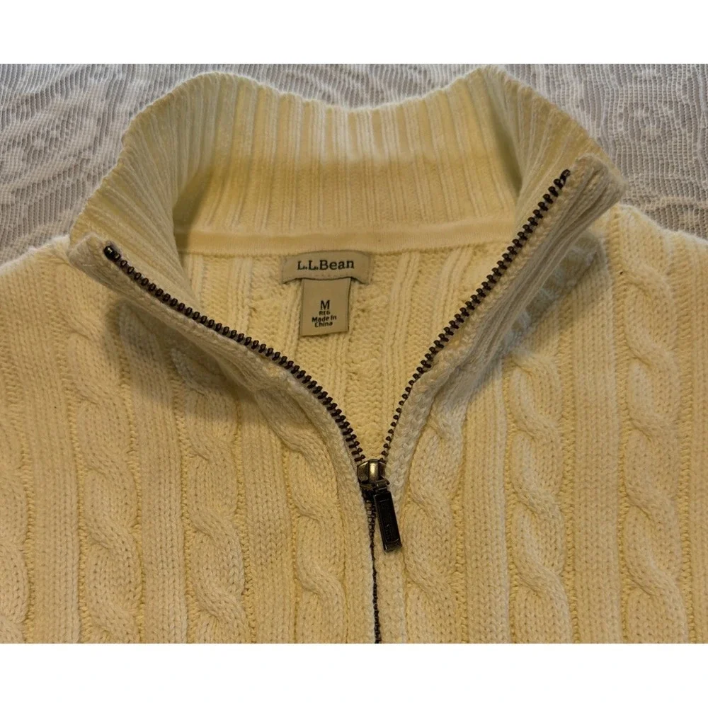 L.L. Bean Women's Cream Full Zip Up Cable Knit 100% Cotton Sweater Cardigan Med - Picture 2 of 3